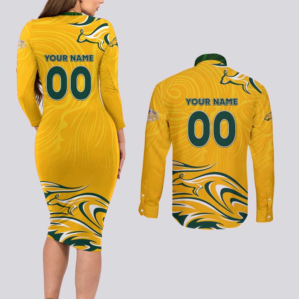 Personalised Australia Soccer Matildas Couples Matching Long Sleeve Bodycon Dress and Long Sleeve Button Shirt Kangaroo Tornado Yellow DT02