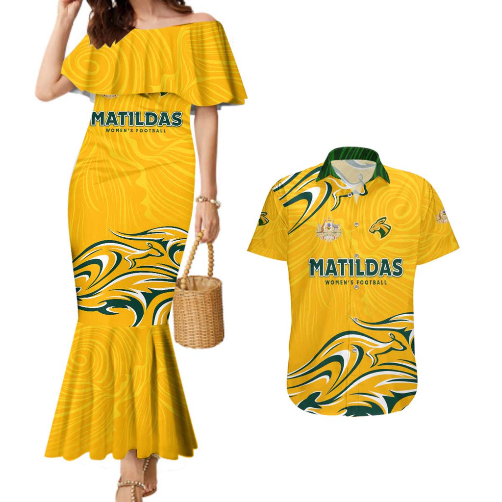 Personalised Australia Soccer Matildas Couples Matching Mermaid Dress and Hawaiian Shirt Kangaroo Tornado Yellow DT02