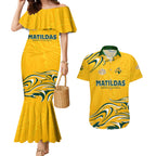 Personalised Australia Soccer Matildas Couples Matching Mermaid Dress and Hawaiian Shirt Kangaroo Tornado Yellow DT02
