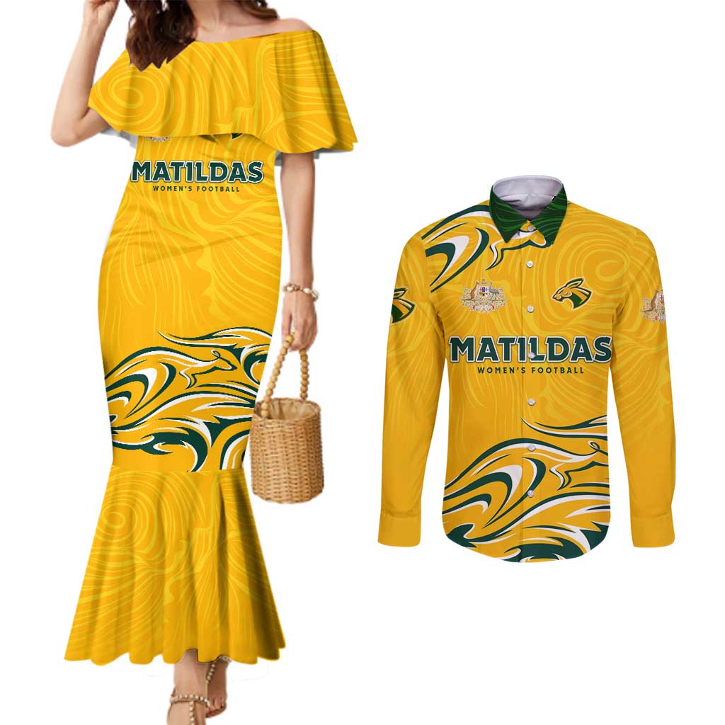 Personalised Australia Soccer Matildas Couples Matching Mermaid Dress and Long Sleeve Button Shirt Kangaroo Tornado Yellow DT02
