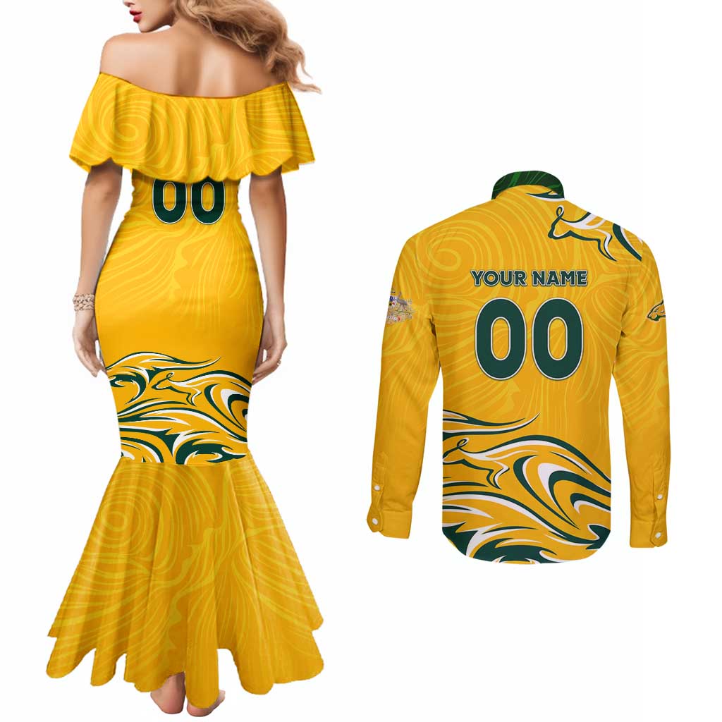 Personalised Australia Soccer Matildas Couples Matching Mermaid Dress and Long Sleeve Button Shirt Kangaroo Tornado Yellow DT02