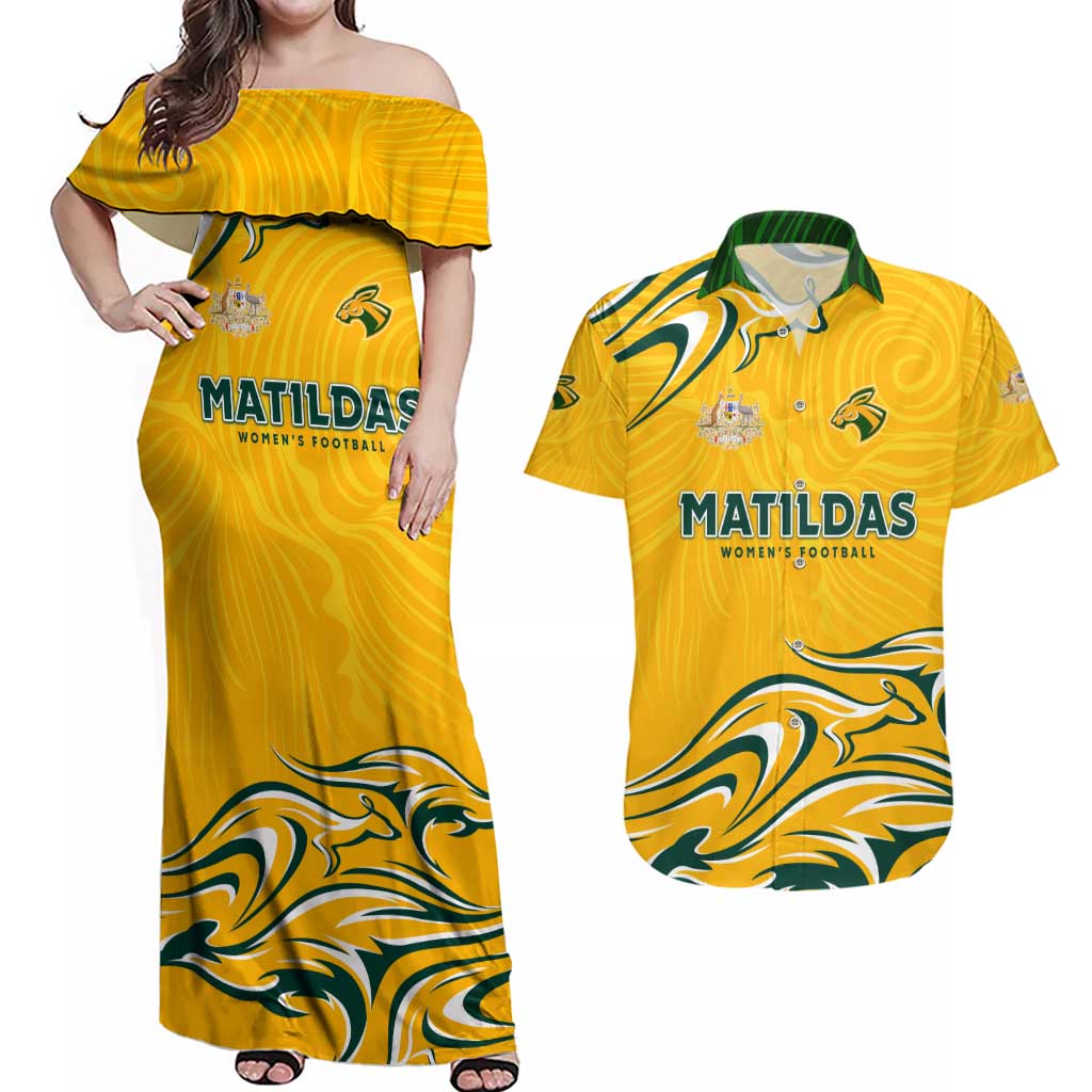 Personalised Australia Soccer Matildas Couples Matching Off Shoulder Maxi Dress and Hawaiian Shirt Kangaroo Tornado Yellow DT02