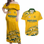 Personalised Australia Soccer Matildas Couples Matching Off Shoulder Maxi Dress and Hawaiian Shirt Kangaroo Tornado Yellow DT02