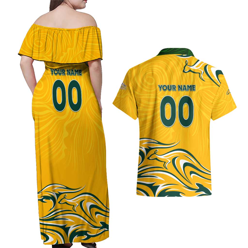 Personalised Australia Soccer Matildas Couples Matching Off Shoulder Maxi Dress and Hawaiian Shirt Kangaroo Tornado Yellow DT02