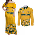 Personalised Australia Soccer Matildas Couples Matching Off Shoulder Maxi Dress and Long Sleeve Button Shirt Kangaroo Tornado Yellow DT02