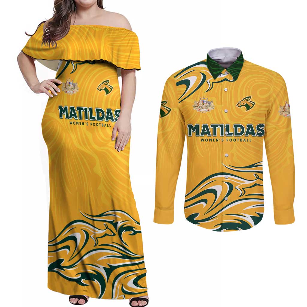 Personalised Australia Soccer Matildas Couples Matching Off Shoulder Maxi Dress and Long Sleeve Button Shirt Kangaroo Tornado Yellow DT02