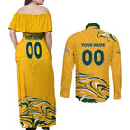 Personalised Australia Soccer Matildas Couples Matching Off Shoulder Maxi Dress and Long Sleeve Button Shirt Kangaroo Tornado Yellow DT02
