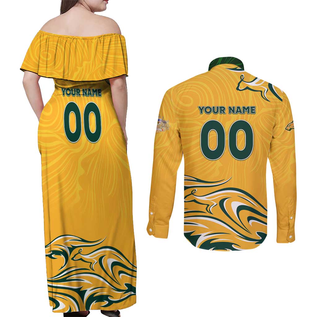 Personalised Australia Soccer Matildas Couples Matching Off Shoulder Maxi Dress and Long Sleeve Button Shirt Kangaroo Tornado Yellow DT02