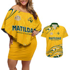 Personalised Australia Soccer Matildas Couples Matching Off Shoulder Short Dress and Hawaiian Shirt Kangaroo Tornado Yellow DT02
