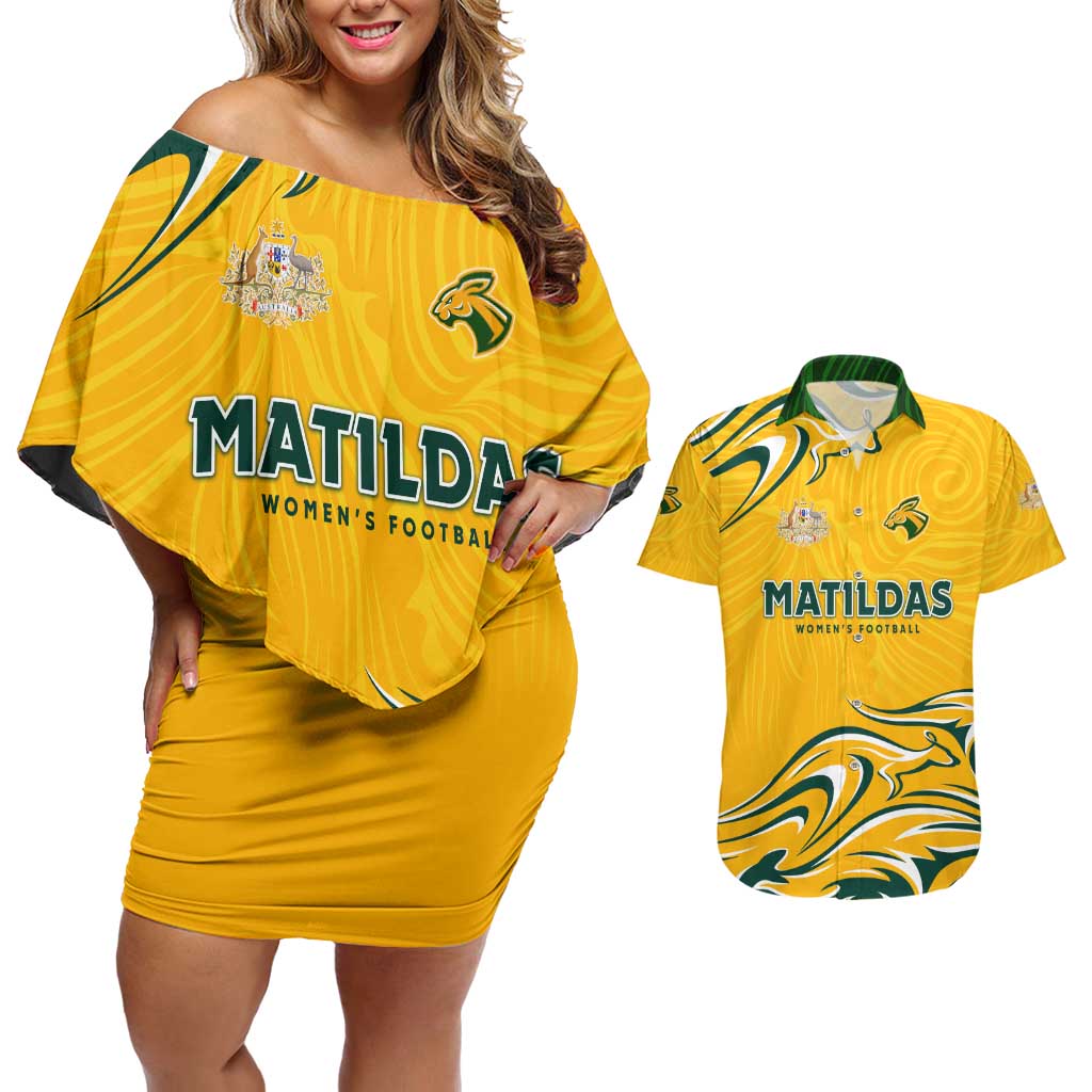 Personalised Australia Soccer Matildas Couples Matching Off Shoulder Short Dress and Hawaiian Shirt Kangaroo Tornado Yellow DT02