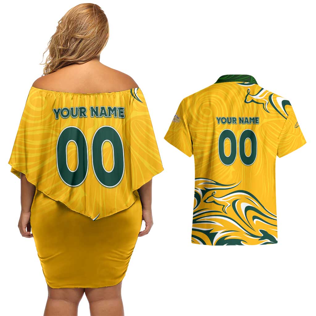 Personalised Australia Soccer Matildas Couples Matching Off Shoulder Short Dress and Hawaiian Shirt Kangaroo Tornado Yellow DT02
