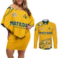 Personalised Australia Soccer Matildas Couples Matching Off Shoulder Short Dress and Long Sleeve Button Shirt Kangaroo Tornado Yellow DT02