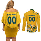 Personalised Australia Soccer Matildas Couples Matching Off Shoulder Short Dress and Long Sleeve Button Shirt Kangaroo Tornado Yellow DT02