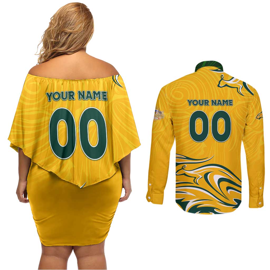 Personalised Australia Soccer Matildas Couples Matching Off Shoulder Short Dress and Long Sleeve Button Shirt Kangaroo Tornado Yellow DT02