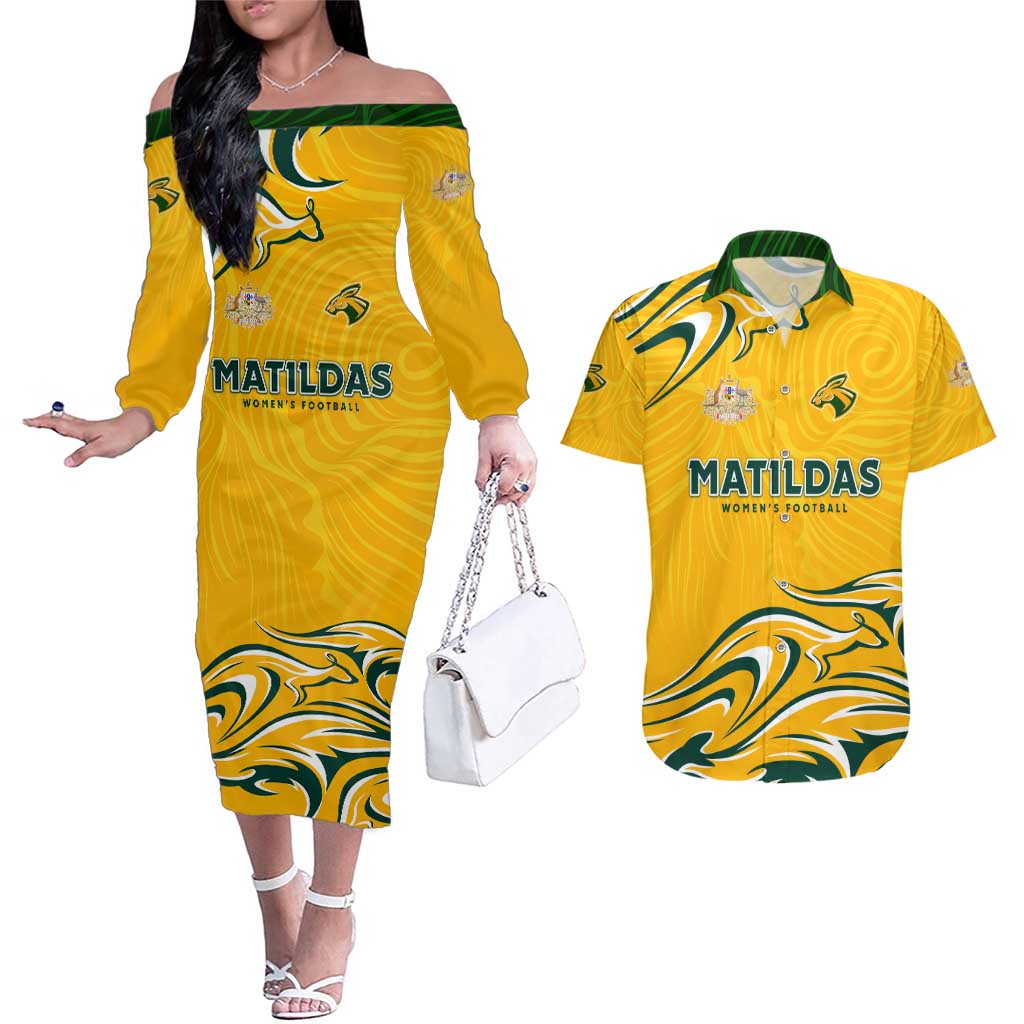 Personalised Australia Soccer Matildas Couples Matching Off The Shoulder Long Sleeve Dress and Hawaiian Shirt Kangaroo Tornado Yellow DT02