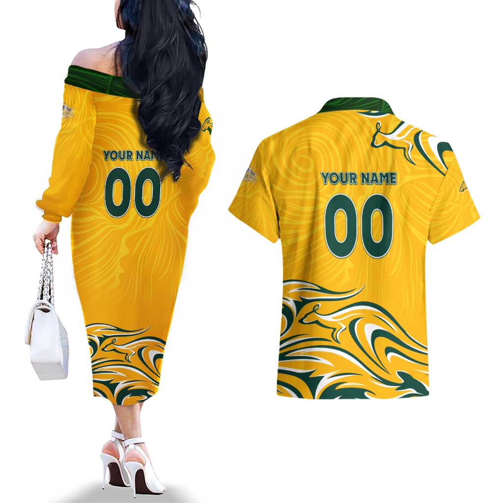 Personalised Australia Soccer Matildas Couples Matching Off The Shoulder Long Sleeve Dress and Hawaiian Shirt Kangaroo Tornado Yellow DT02