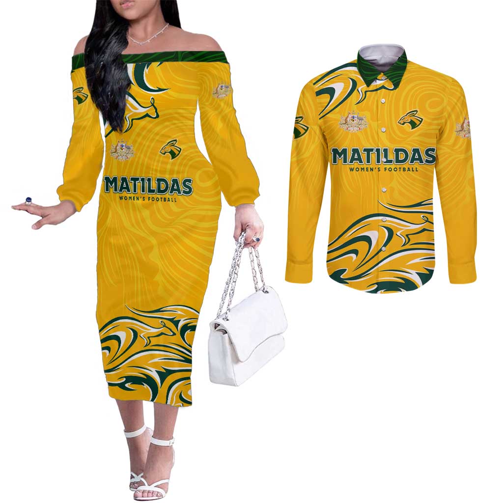 Personalised Australia Soccer Matildas Couples Matching Off The Shoulder Long Sleeve Dress and Long Sleeve Button Shirt Kangaroo Tornado Yellow DT02