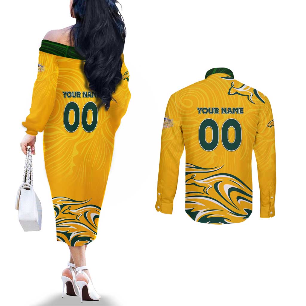 Personalised Australia Soccer Matildas Couples Matching Off The Shoulder Long Sleeve Dress and Long Sleeve Button Shirt Kangaroo Tornado Yellow DT02