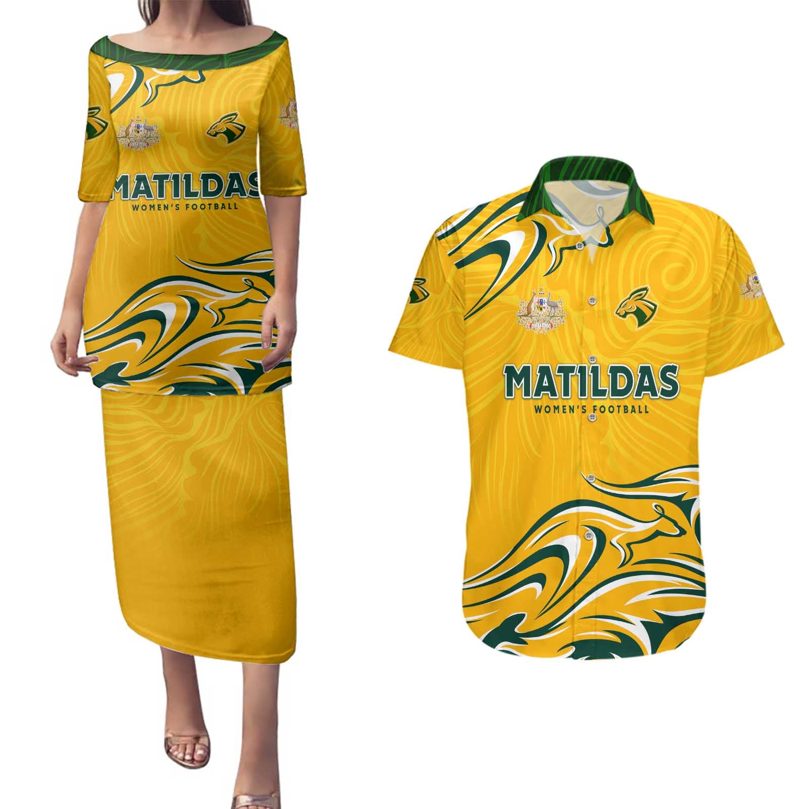 Personalised Australia Soccer Matildas Couples Matching Puletasi and Hawaiian Shirt Kangaroo Tornado Yellow DT02