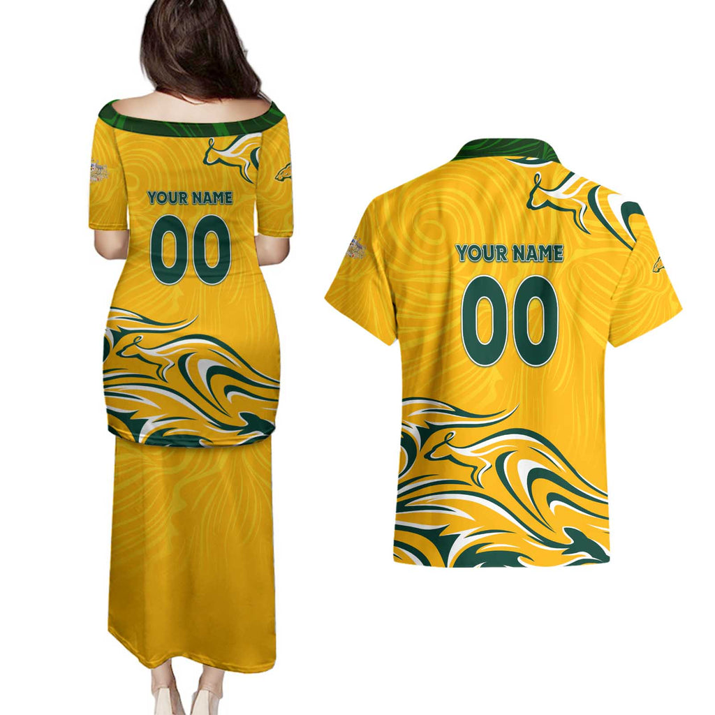 Personalised Australia Soccer Matildas Couples Matching Puletasi and Hawaiian Shirt Kangaroo Tornado Yellow DT02