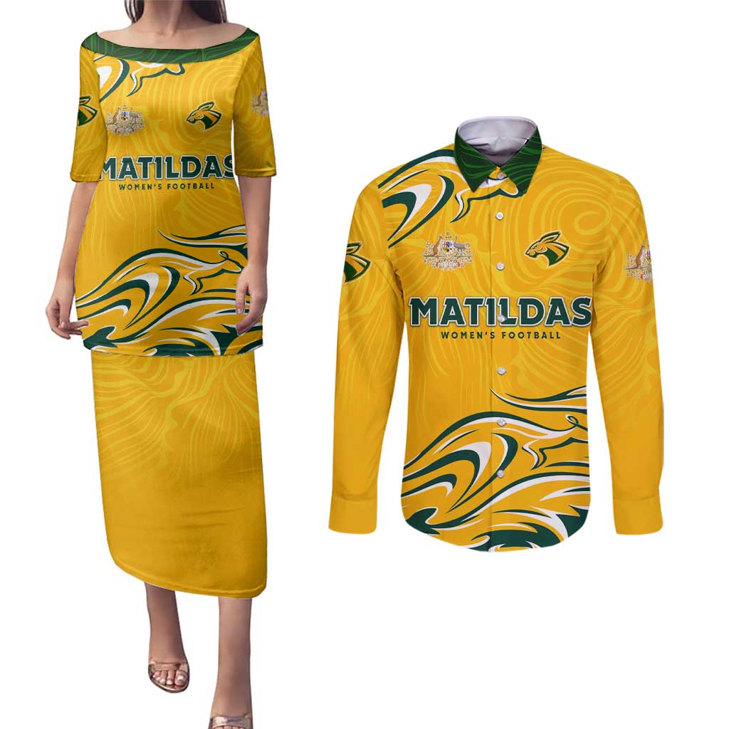 Personalised Australia Soccer Matildas Couples Matching Puletasi and Long Sleeve Button Shirt Kangaroo Tornado Yellow DT02