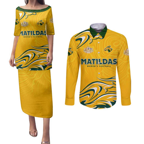 Personalised Australia Soccer Matildas Couples Matching Puletasi and Long Sleeve Button Shirt Kangaroo Tornado Yellow DT02