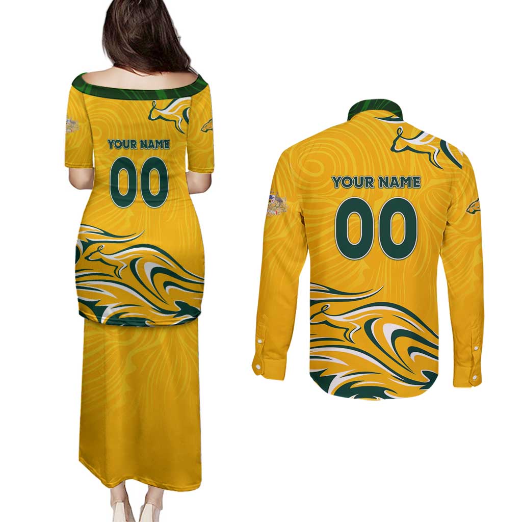 Personalised Australia Soccer Matildas Couples Matching Puletasi and Long Sleeve Button Shirt Kangaroo Tornado Yellow DT02