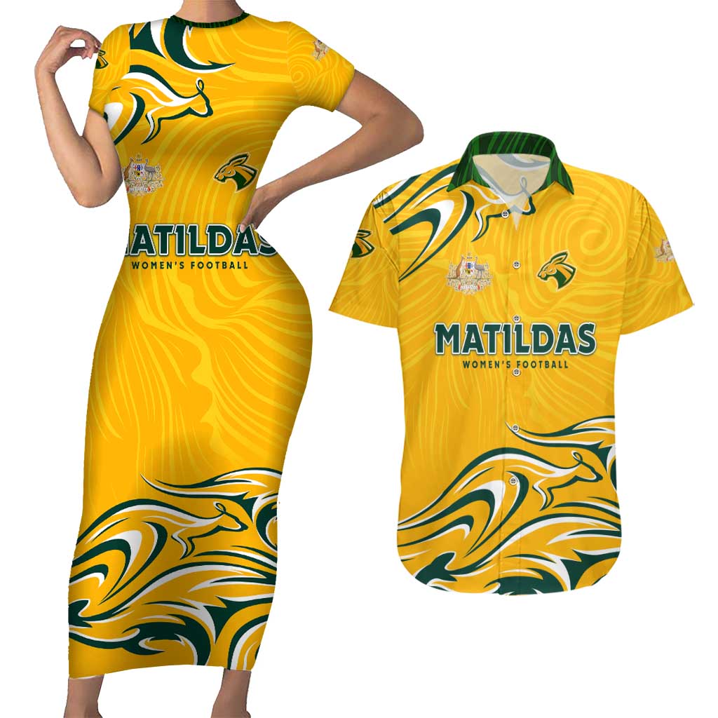 Personalised Australia Soccer Matildas Couples Matching Short Sleeve Bodycon Dress and Hawaiian Shirt Kangaroo Tornado Yellow DT02