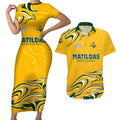 Personalised Australia Soccer Matildas Couples Matching Short Sleeve Bodycon Dress and Hawaiian Shirt Kangaroo Tornado Yellow DT02