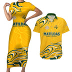 Personalised Australia Soccer Matildas Couples Matching Short Sleeve Bodycon Dress and Hawaiian Shirt Kangaroo Tornado Yellow DT02