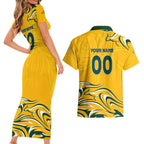 Personalised Australia Soccer Matildas Couples Matching Short Sleeve Bodycon Dress and Hawaiian Shirt Kangaroo Tornado Yellow DT02