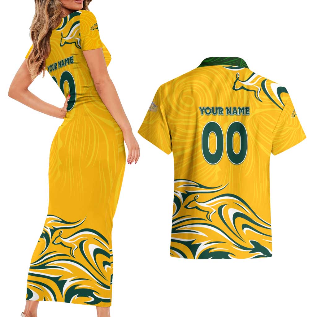 Personalised Australia Soccer Matildas Couples Matching Short Sleeve Bodycon Dress and Hawaiian Shirt Kangaroo Tornado Yellow DT02