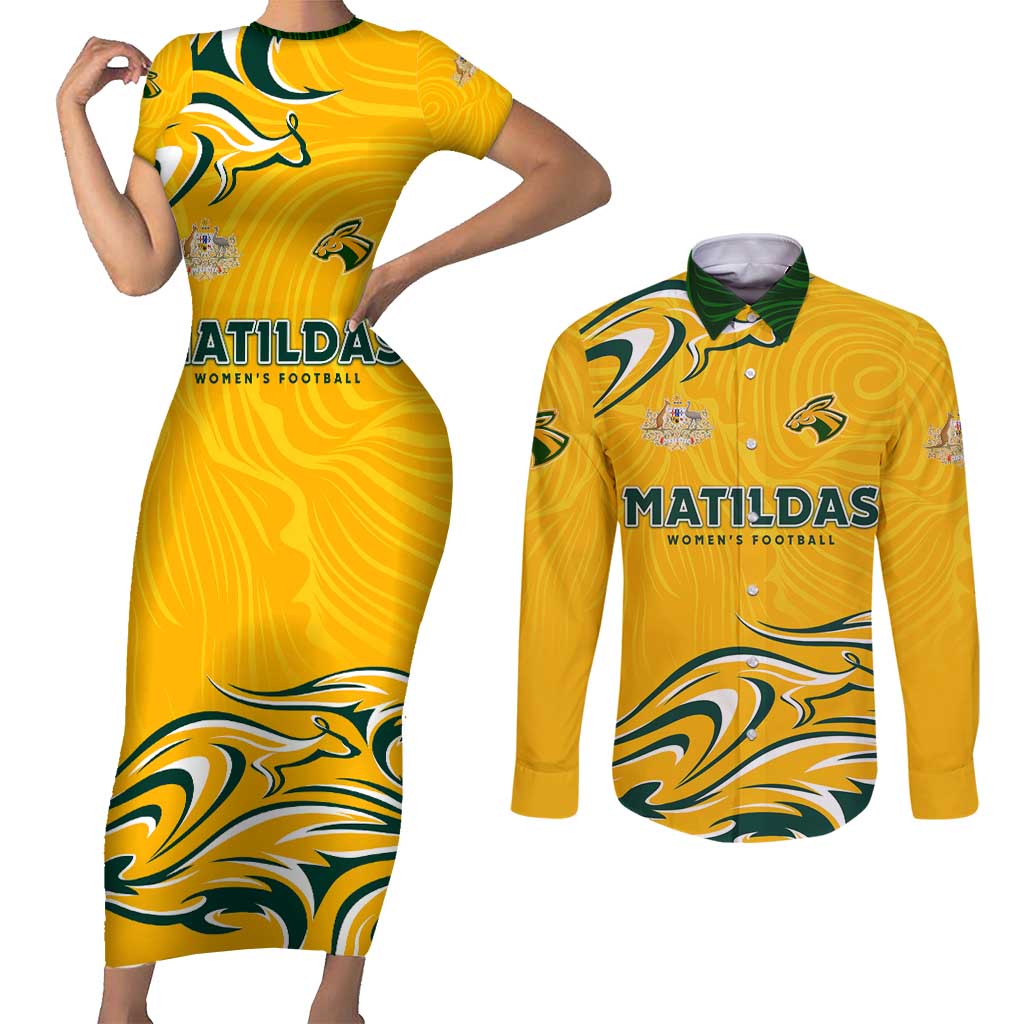 Personalised Australia Soccer Matildas Couples Matching Short Sleeve Bodycon Dress and Long Sleeve Button Shirt Kangaroo Tornado Yellow DT02