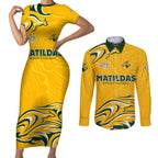 Personalised Australia Soccer Matildas Couples Matching Short Sleeve Bodycon Dress and Long Sleeve Button Shirt Kangaroo Tornado Yellow DT02