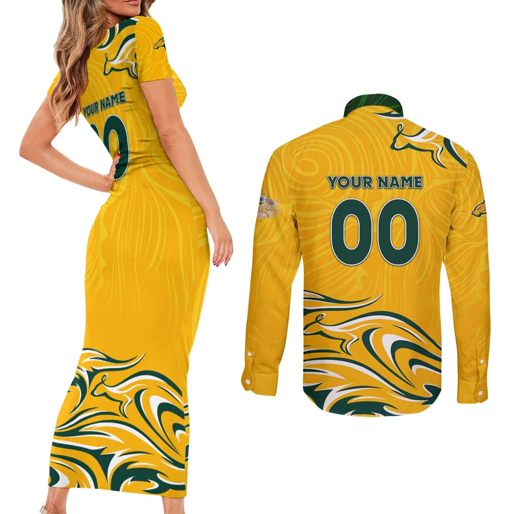 Personalised Australia Soccer Matildas Couples Matching Short Sleeve Bodycon Dress and Long Sleeve Button Shirt Kangaroo Tornado Yellow DT02