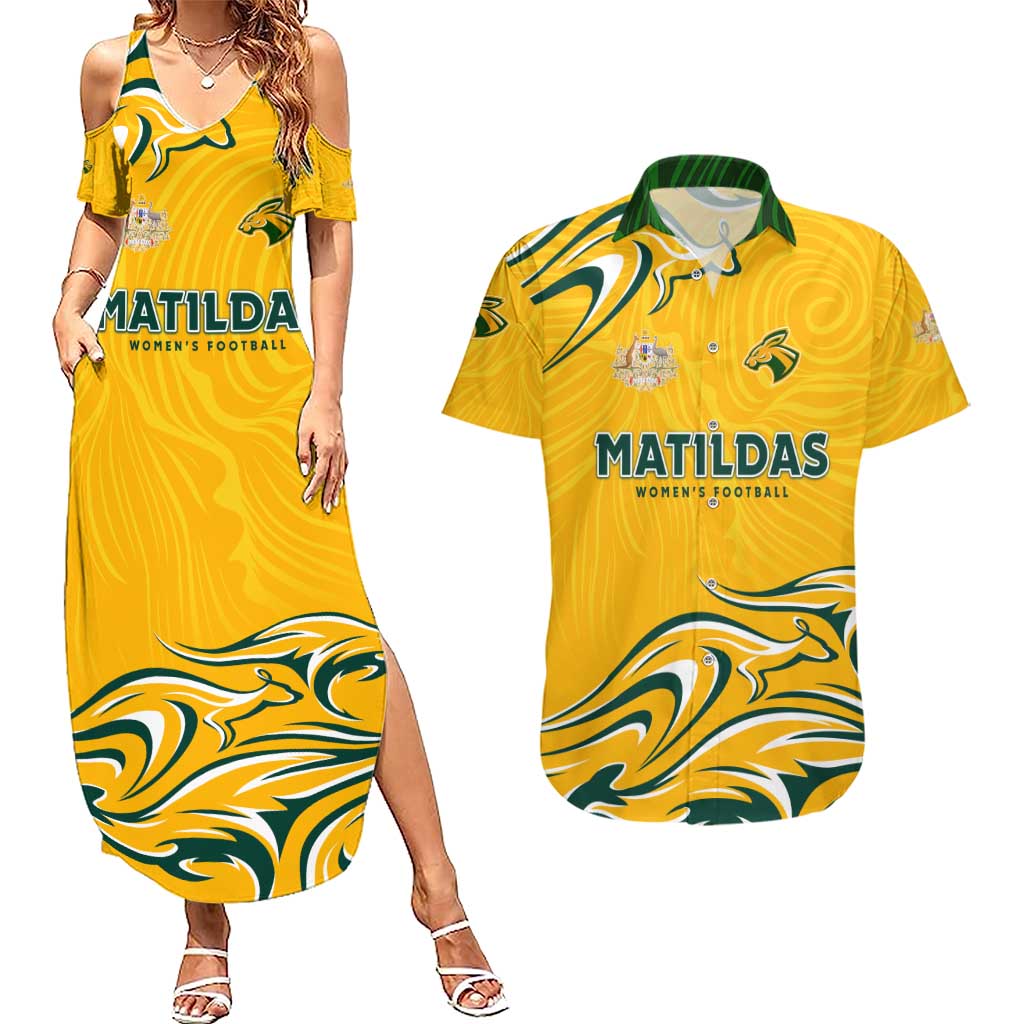 Personalised Australia Soccer Matildas Couples Matching Summer Maxi Dress and Hawaiian Shirt Kangaroo Tornado Yellow DT02