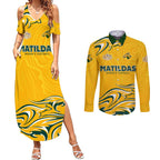 Personalised Australia Soccer Matildas Couples Matching Summer Maxi Dress and Long Sleeve Button Shirt Kangaroo Tornado Yellow DT02