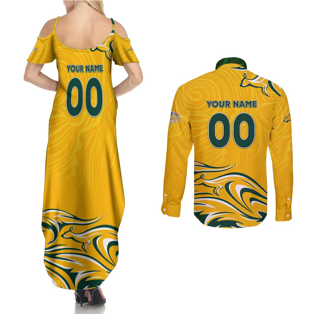 Personalised Australia Soccer Matildas Couples Matching Summer Maxi Dress and Long Sleeve Button Shirt Kangaroo Tornado Yellow DT02