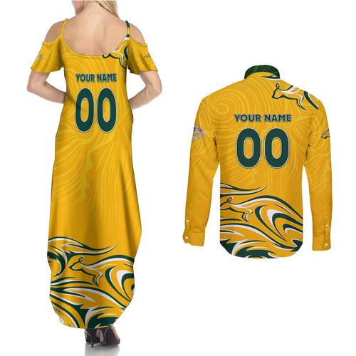 Personalised Australia Soccer Matildas Couples Matching Summer Maxi Dress and Long Sleeve Button Shirt Kangaroo Tornado Yellow DT02