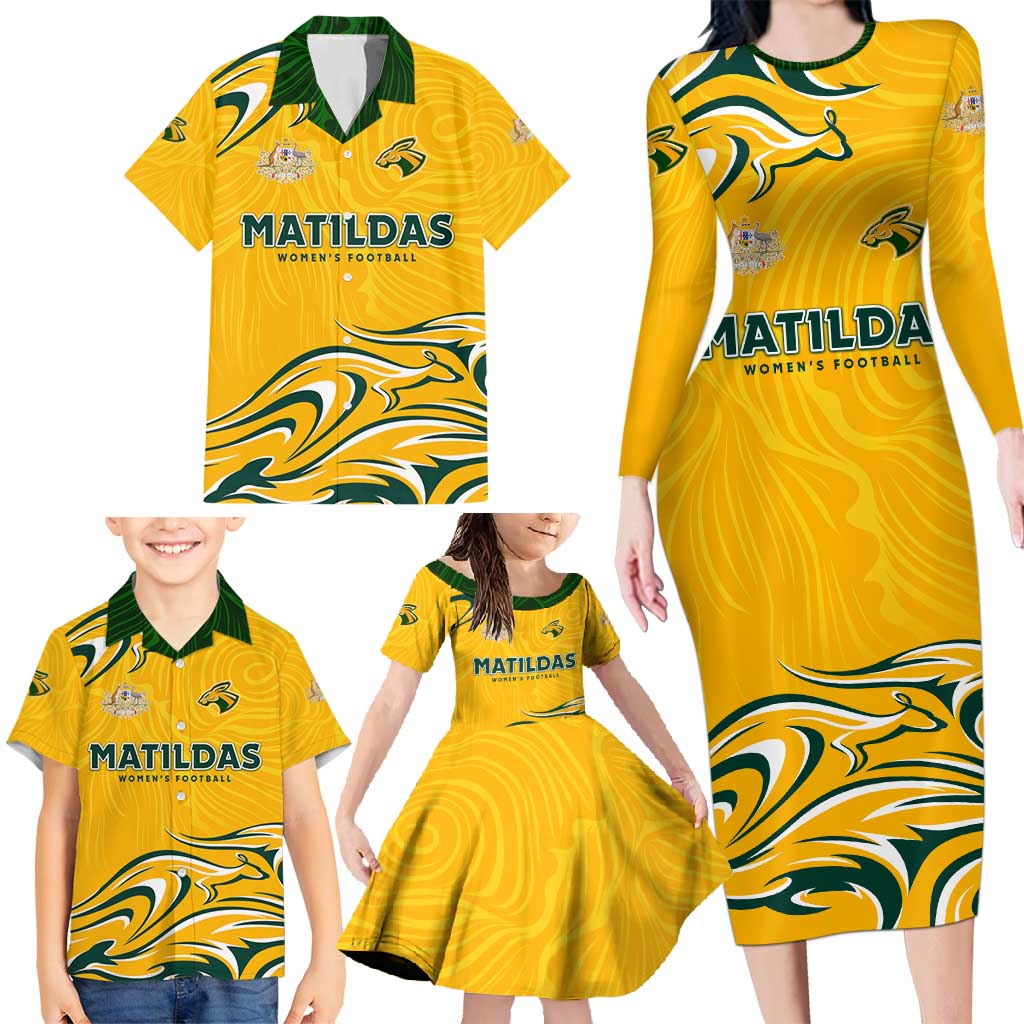 Personalised Australia Soccer Matildas Family Matching Long Sleeve Bodycon Dress and Hawaiian Shirt Kangaroo Tornado Yellow DT02
