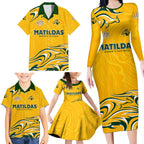Personalised Australia Soccer Matildas Family Matching Long Sleeve Bodycon Dress and Hawaiian Shirt Kangaroo Tornado Yellow DT02