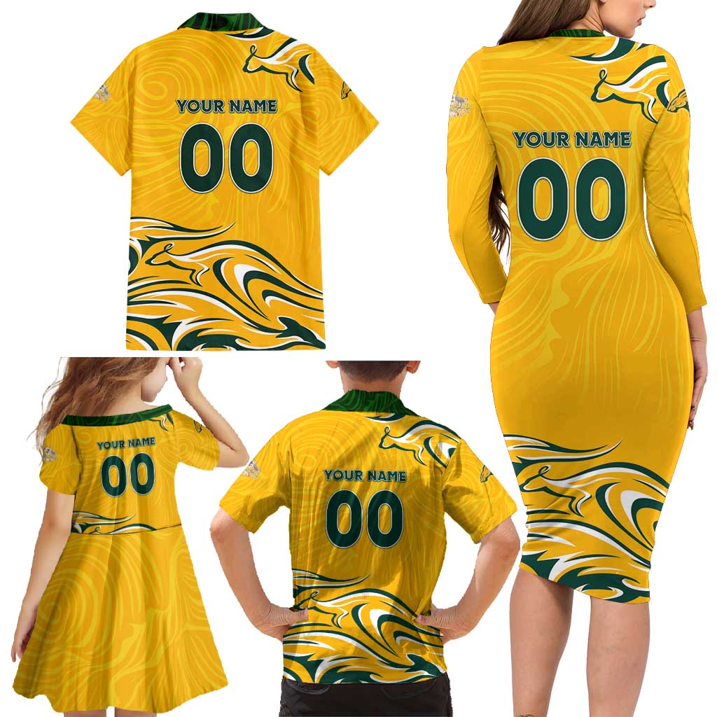 Personalised Australia Soccer Matildas Family Matching Long Sleeve Bodycon Dress and Hawaiian Shirt Kangaroo Tornado Yellow DT02