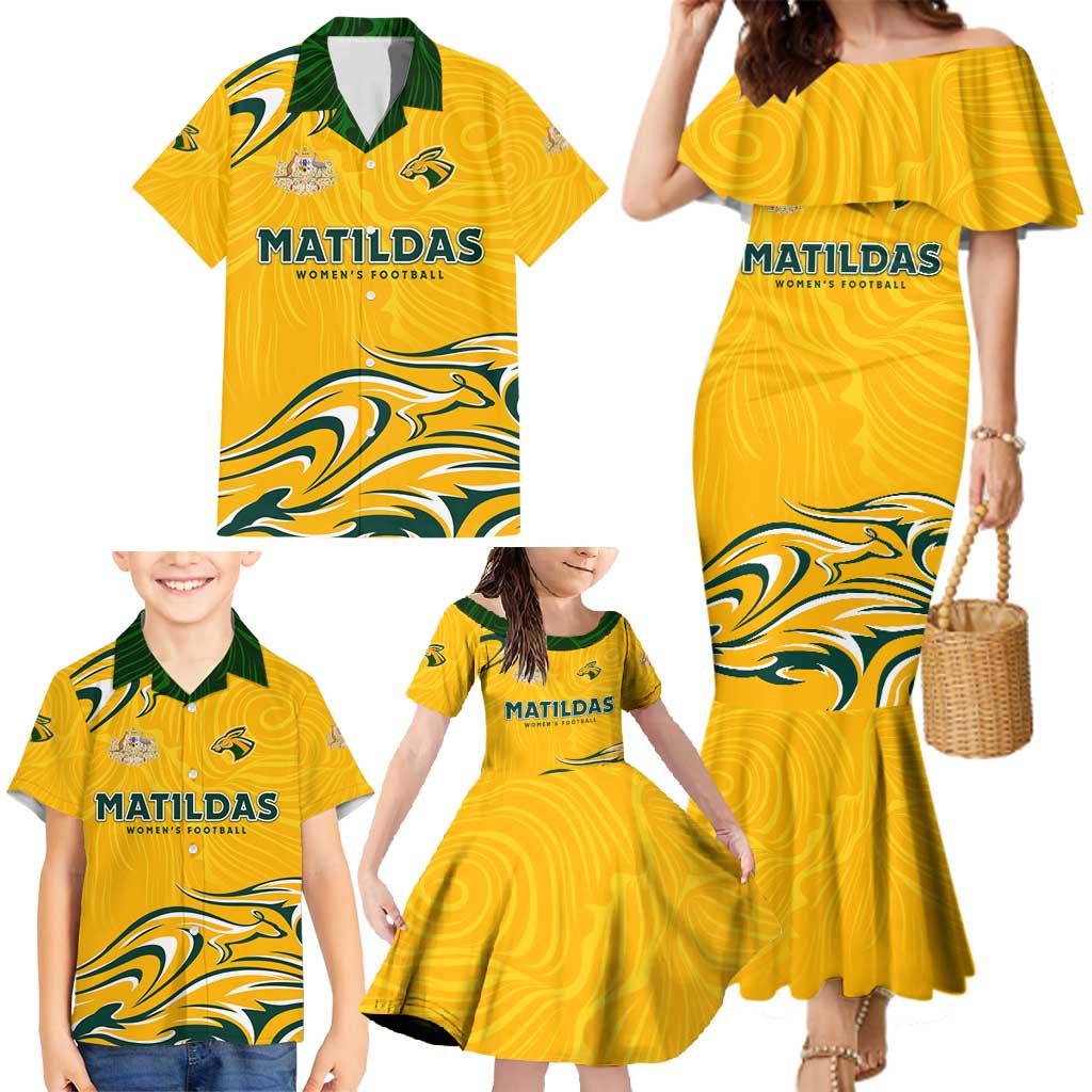 Personalised Australia Soccer Matildas Family Matching Mermaid Dress and Hawaiian Shirt Kangaroo Tornado Yellow DT02