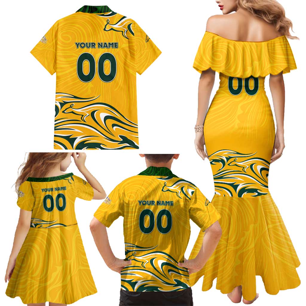 Personalised Australia Soccer Matildas Family Matching Mermaid Dress and Hawaiian Shirt Kangaroo Tornado Yellow DT02