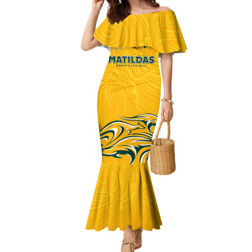 Personalised Australia Soccer Matildas Family Matching Mermaid Dress and Hawaiian Shirt Kangaroo Tornado Yellow DT02