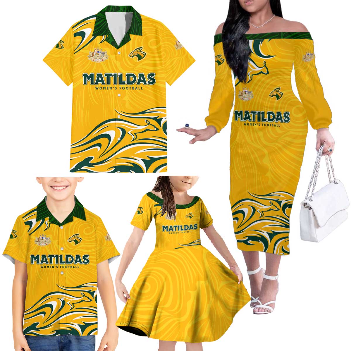 Personalised Australia Soccer Matildas Family Matching Off The Shoulder Long Sleeve Dress and Hawaiian Shirt Kangaroo Tornado Yellow DT02