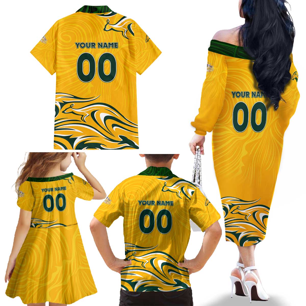 Personalised Australia Soccer Matildas Family Matching Off The Shoulder Long Sleeve Dress and Hawaiian Shirt Kangaroo Tornado Yellow DT02