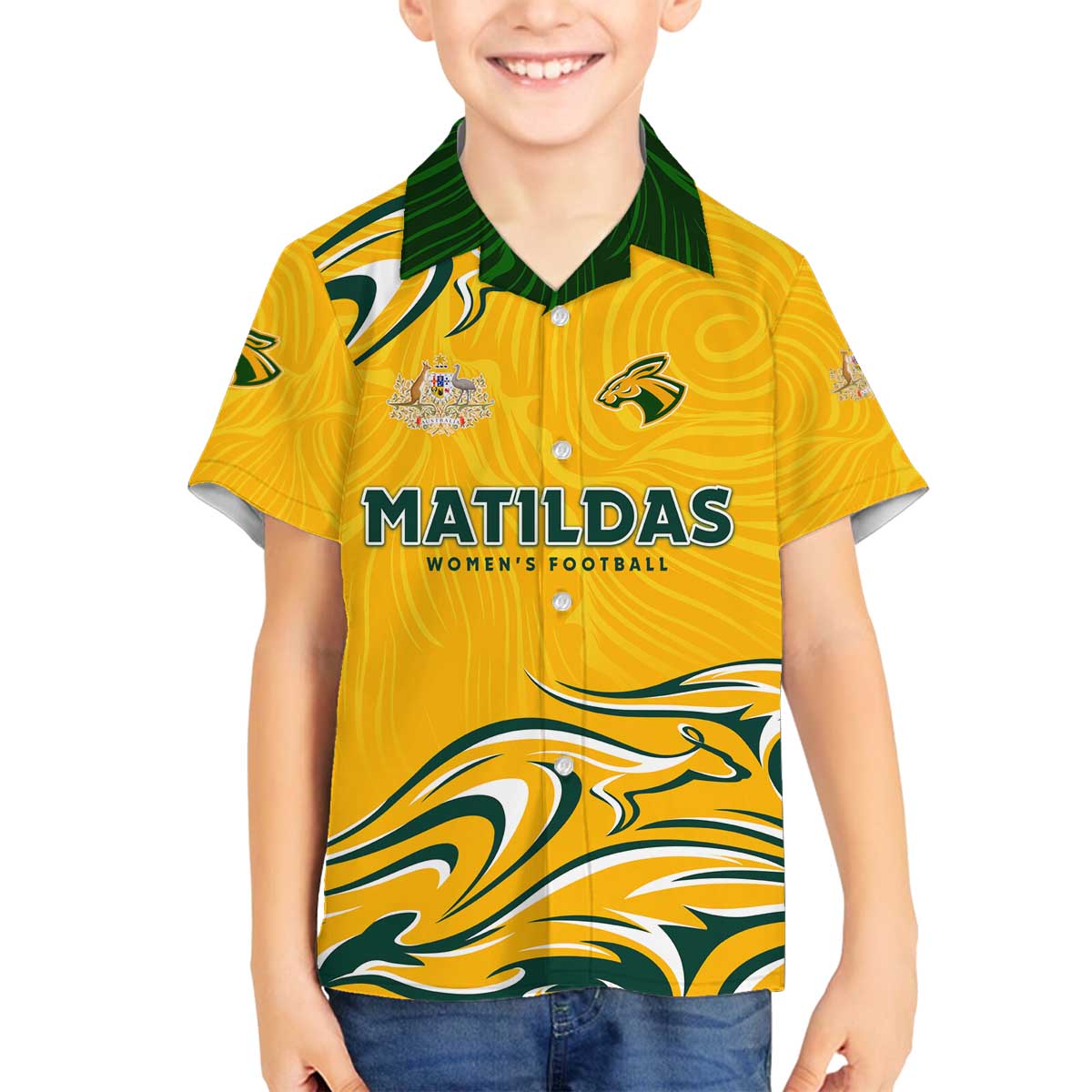 Personalised Australia Soccer Matildas Family Matching Off The Shoulder Long Sleeve Dress and Hawaiian Shirt Kangaroo Tornado Yellow DT02