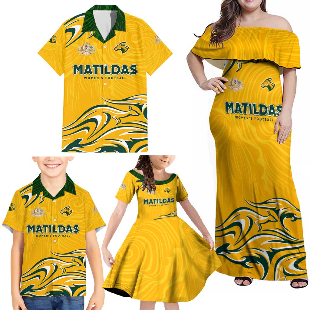 Personalised Australia Soccer Matildas Family Matching Off Shoulder Maxi Dress and Hawaiian Shirt Kangaroo Tornado Yellow DT02
