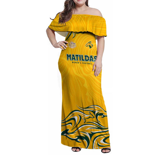 Personalised Australia Soccer Matildas Family Matching Off Shoulder Maxi Dress and Hawaiian Shirt Kangaroo Tornado Yellow DT02